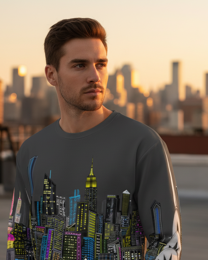 Man wearing a cityscape Loria NYC Art graphic t-shirt with a city skyline in the background