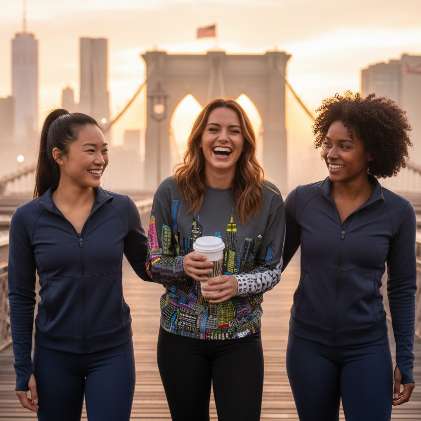 Three women walking on a bridge with one wearing a city skyline Loria NYC Art s