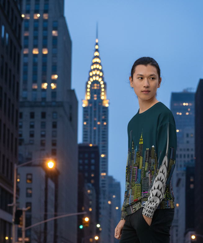 Person wearing Loria NYC Art sweatshirt standing on a city street with tall buildings and a yellow taxi in the background