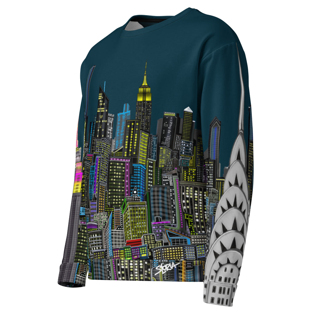 Long-sleeve shirt with cityscape design by Loria NYC Art on a white background
