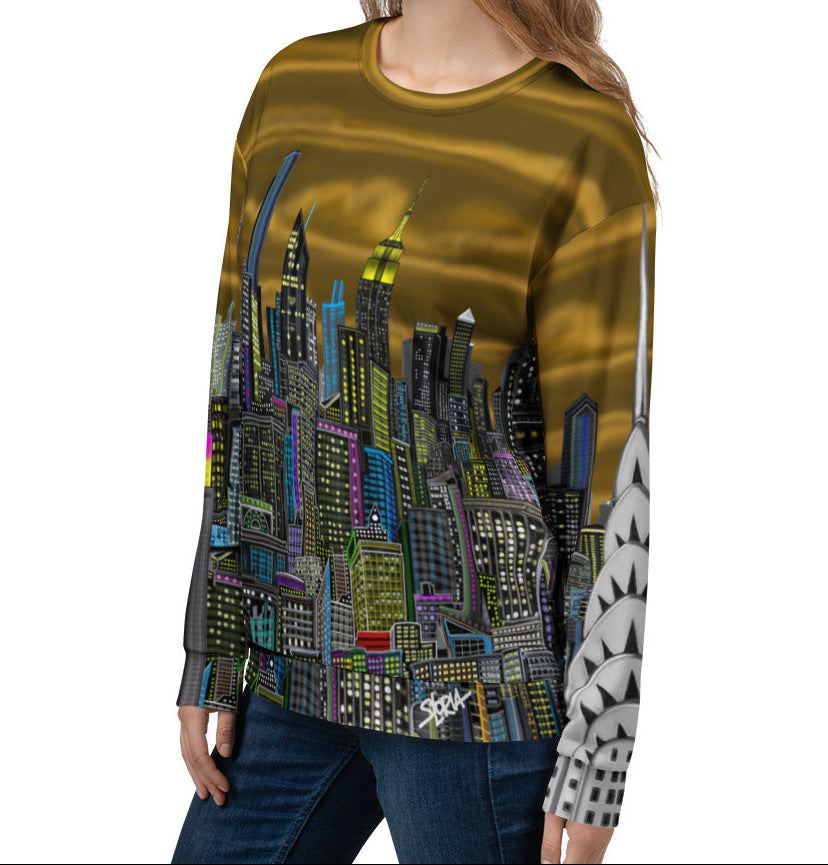 Side angle view of girl wearing a Long-sleeve shirt with a colorful cityscape design by Loria NYC Art on a white background