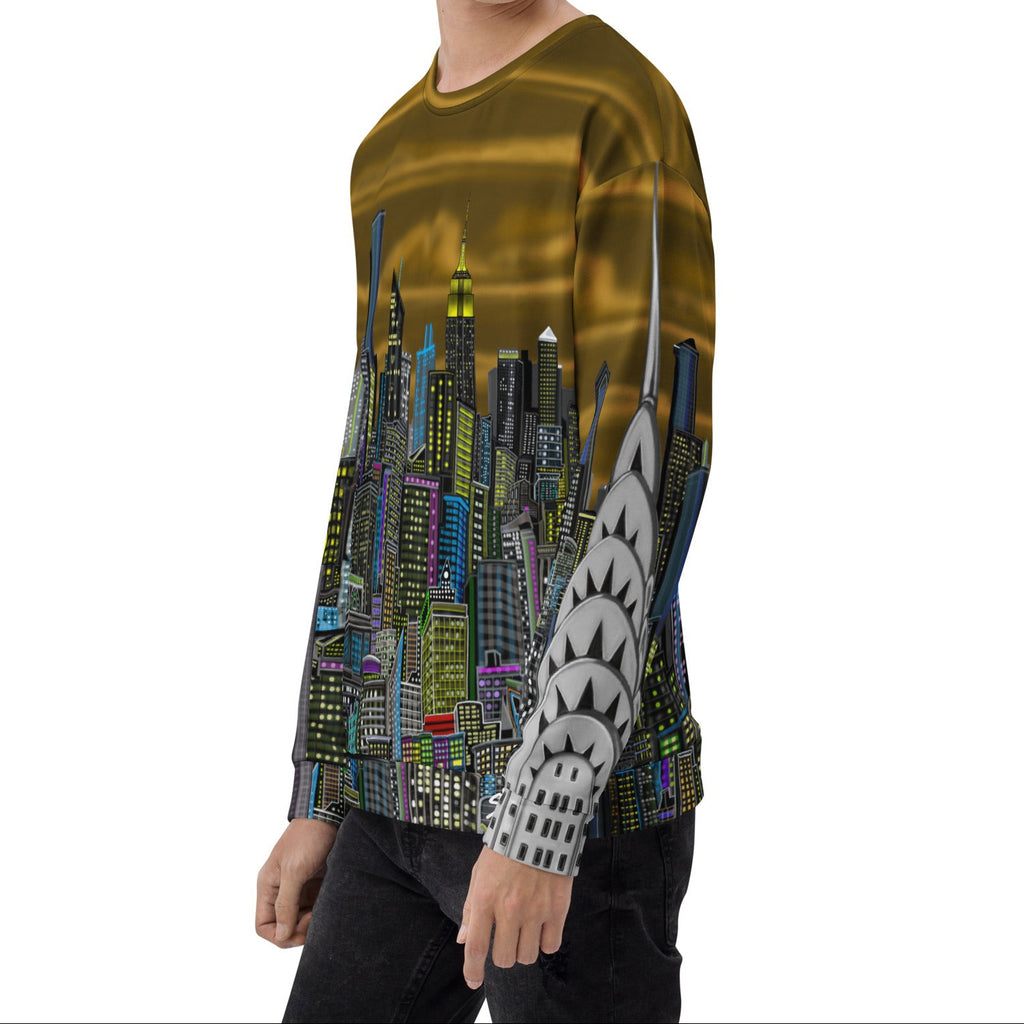 Side of guy wearing a Long-sleeve shirt with a colorful cityscape design by Loria NYC Art on a white background
