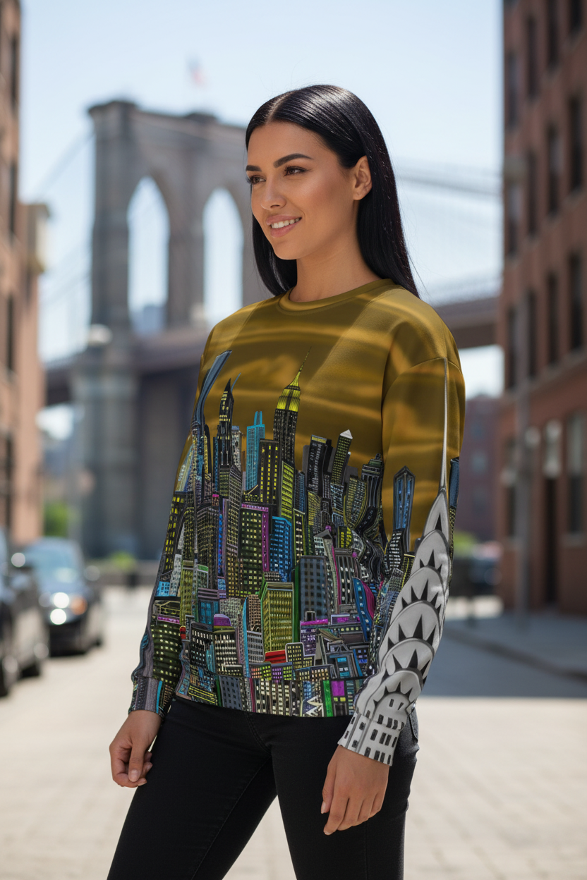 Woman wearing a gold Loria NYC Art cityscape sweat shirt with the Brooklyn Bridge in the background