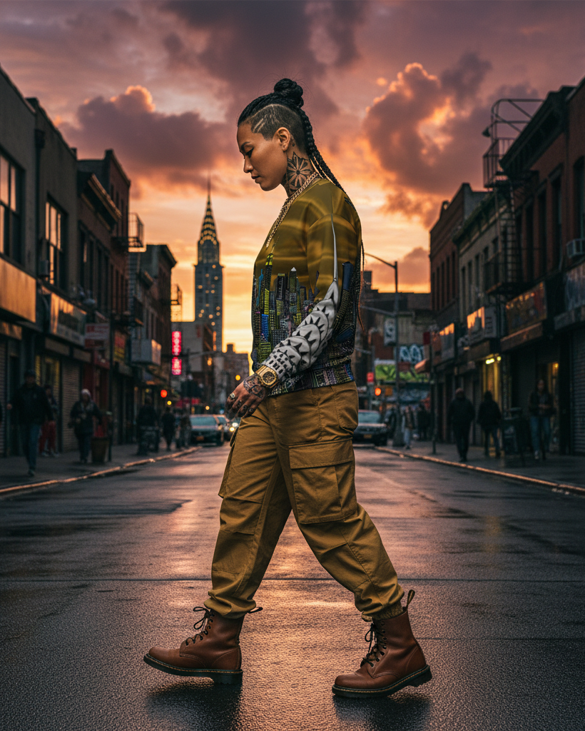 Girl walking in city sunset wearing shirt designed by Loria NYC Art