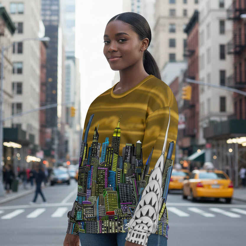 Side front of Lady wearing sweat shirt with a colorful cityscape design by Loria NYC Art on a urban background