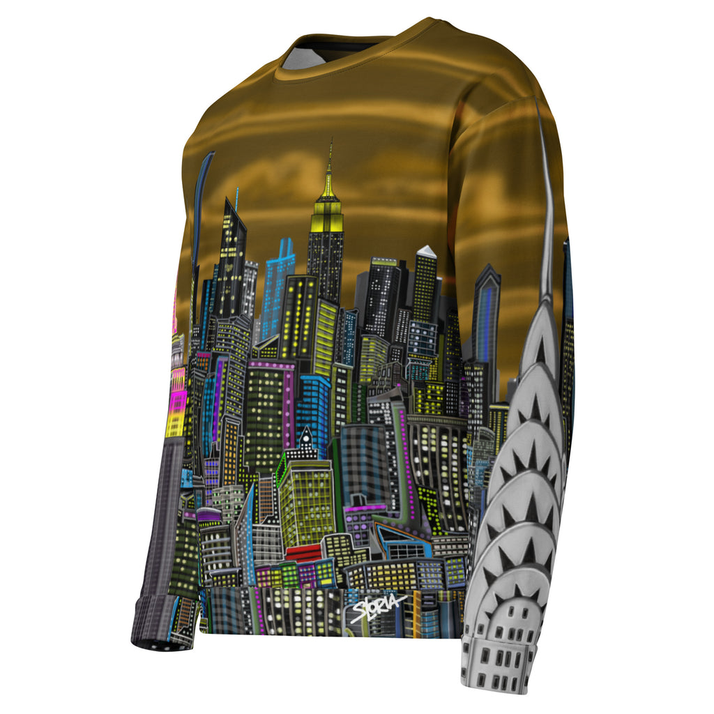 Front side of Long-sleeve shirt with a colorful cityscape design by Loria NYC Art on a white background