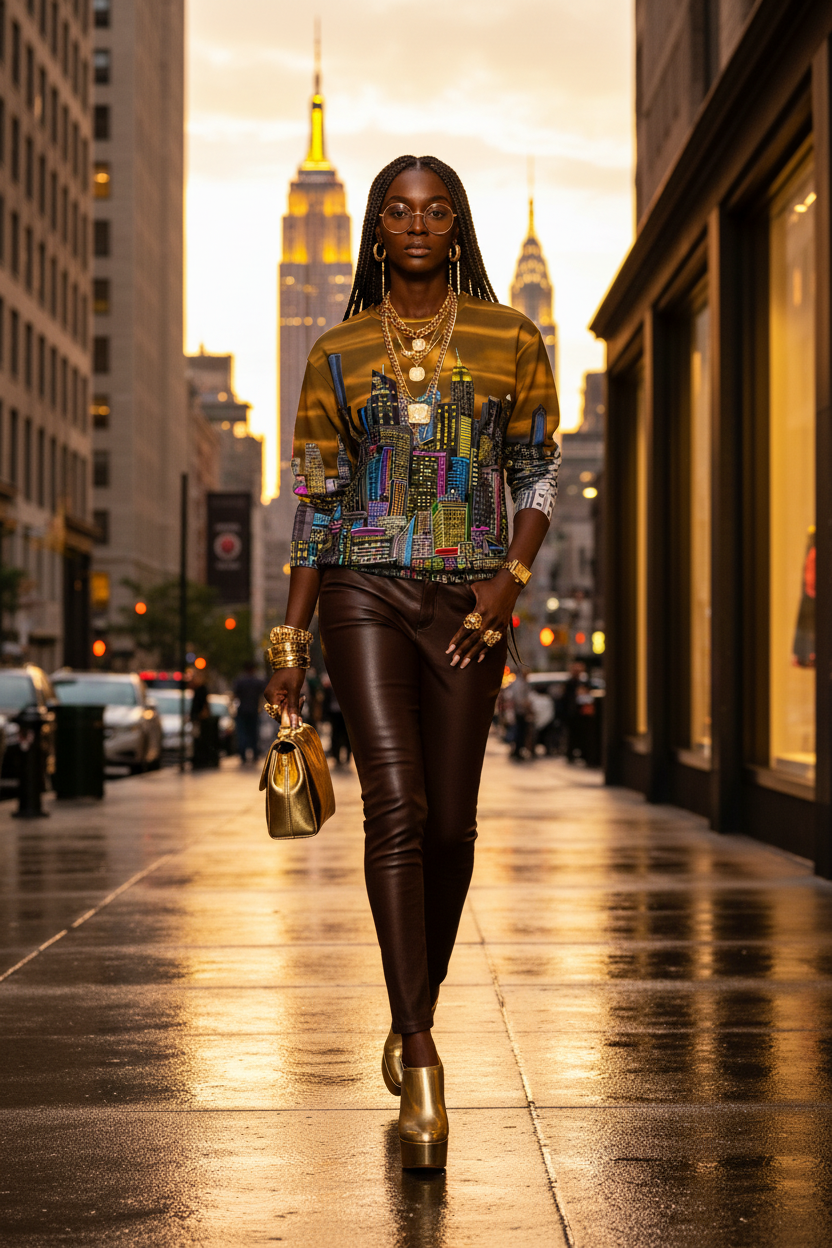 Woman wearing top designed by Loria NYC Art walking on a city street with the Empire State Building in the background  with sunset