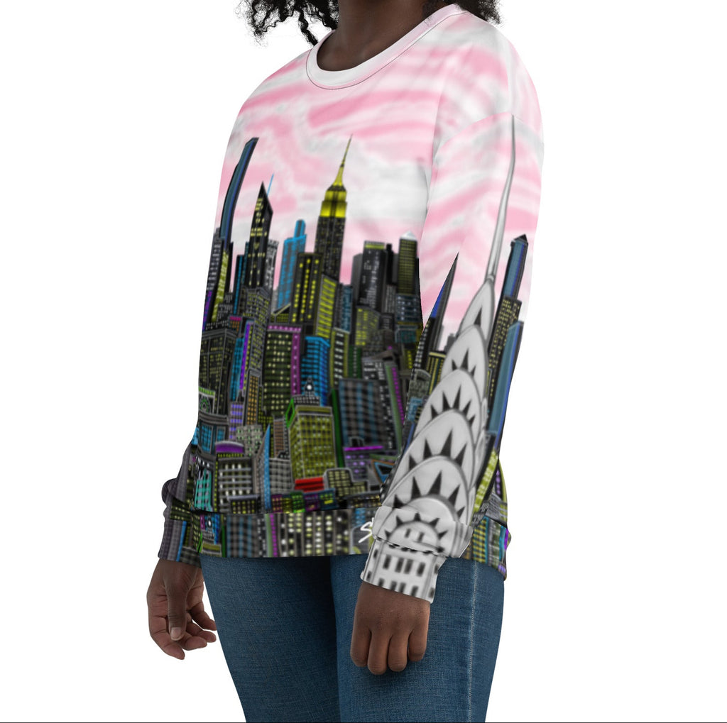 Girl wearing Sweatshirt with a cityscape design by Loria NYC Art on a white background