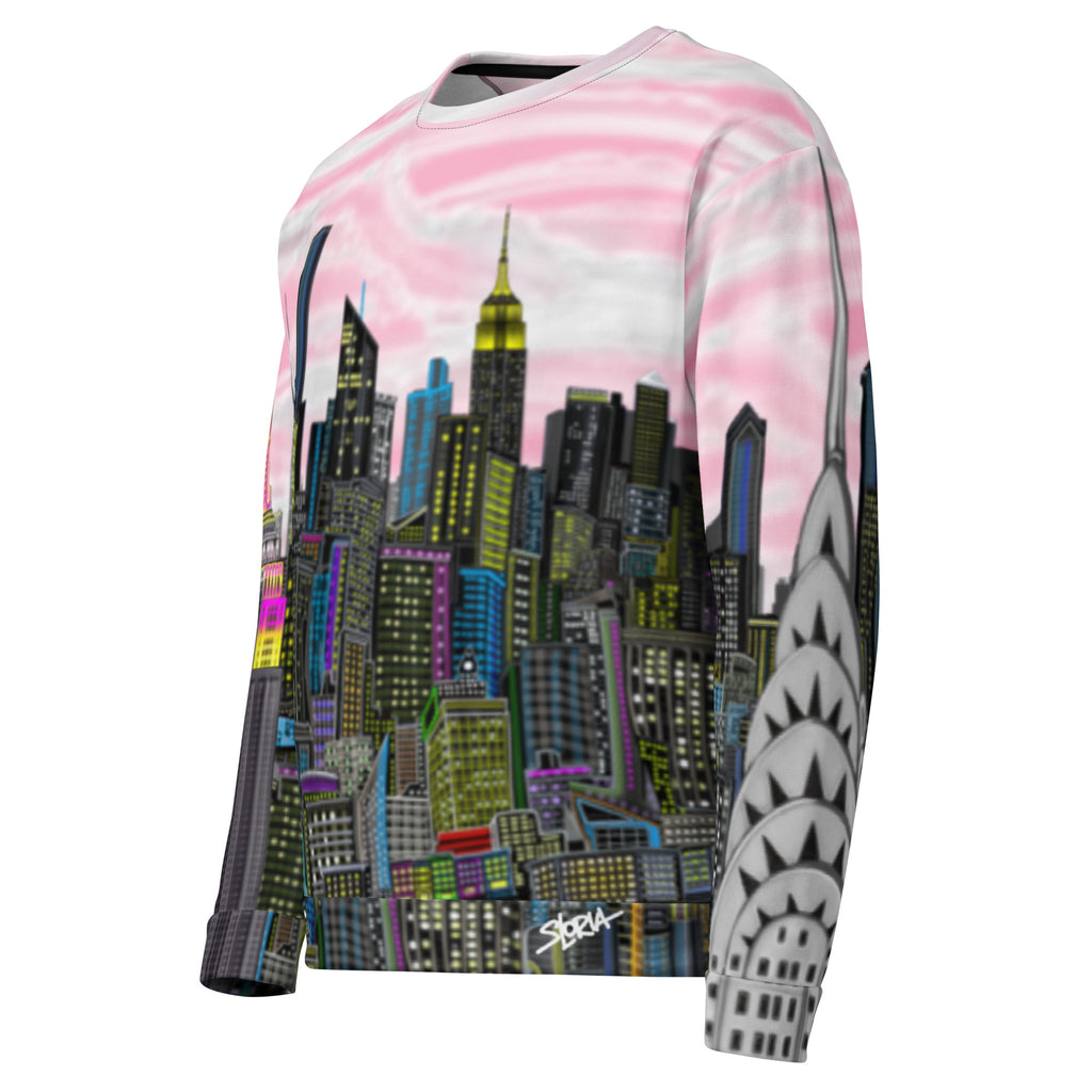 Side if Sweatshirt with a cityscape design by Loria NYC Art on a white background