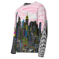 Side if Sweatshirt with a cityscape design by Loria NYC Art on a white background