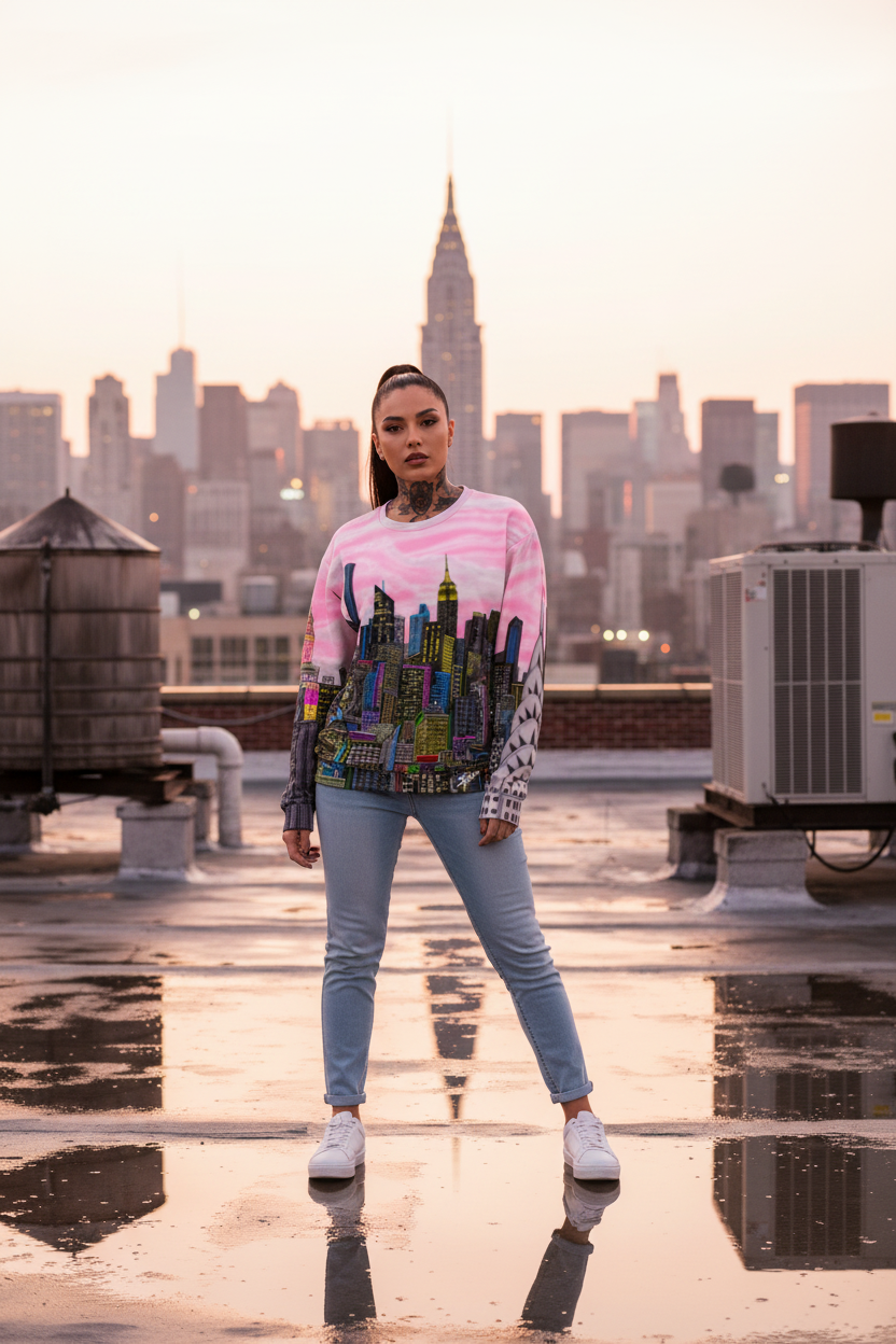 Person wearing a colorful sweatshirt design by Loria NYC Art and light blue jeans on a rooftop with city skyline in the background