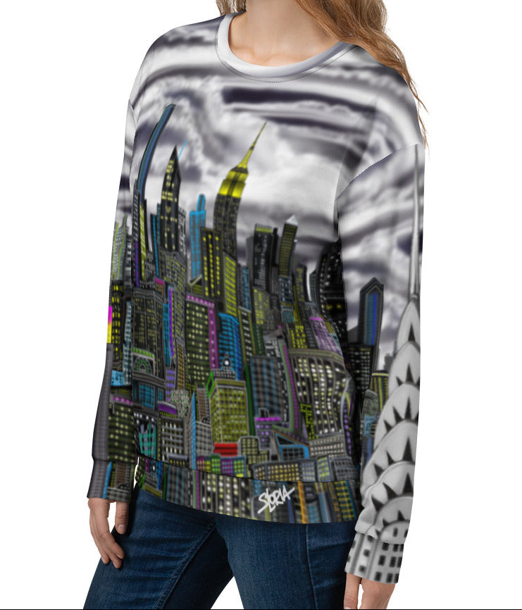 Lady wearing Sweatshirt designed by Loria NYC Art with a cityscape design on a white background
