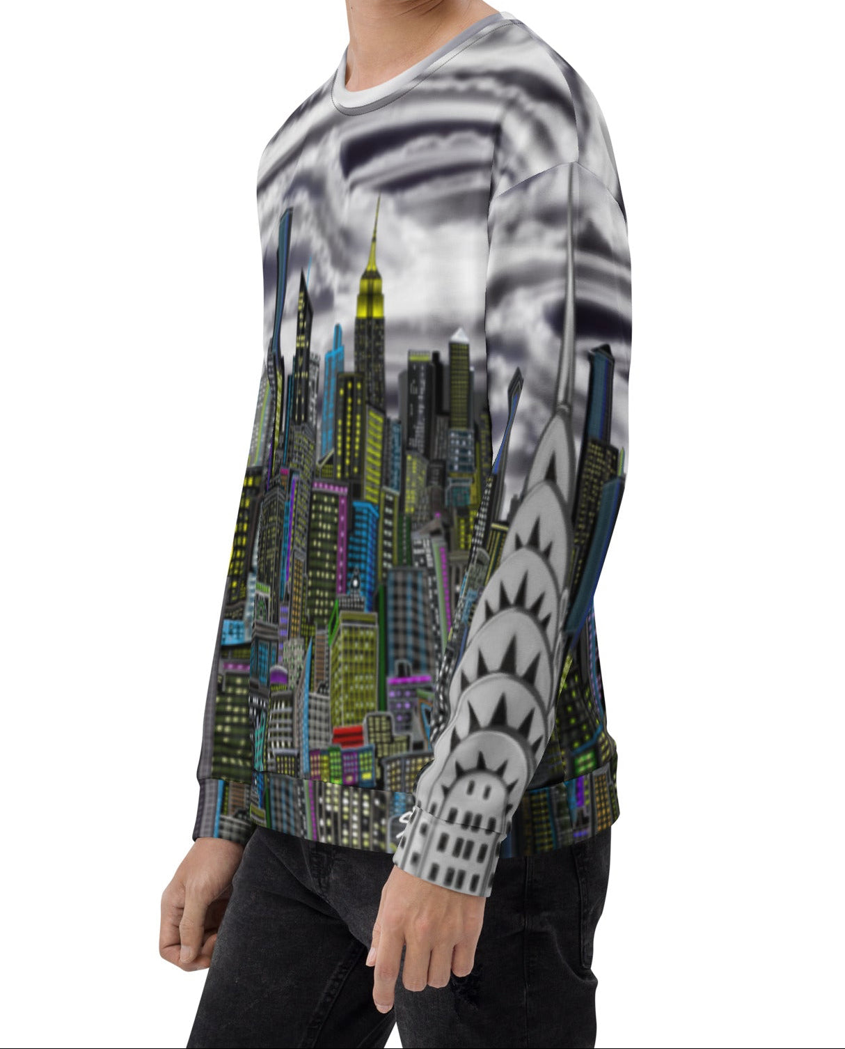 Man wearing Sweatshirt designed by Loria NYC Art with a cityscape design on a white background