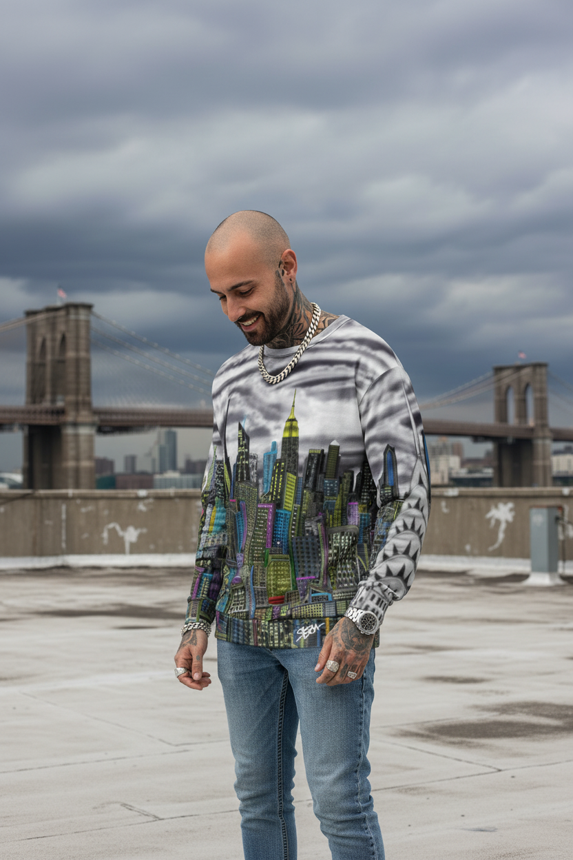 Man standing on a rooftop with a Loria NYC Art cityscape hoodie on a  bridge in the background