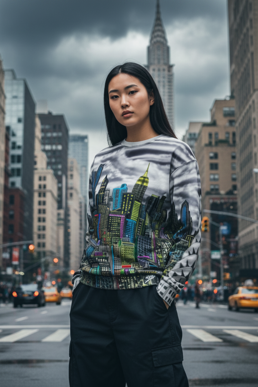 Person wearing a Loria NYC Art hoodie standing on a city street with tall buildings in the background