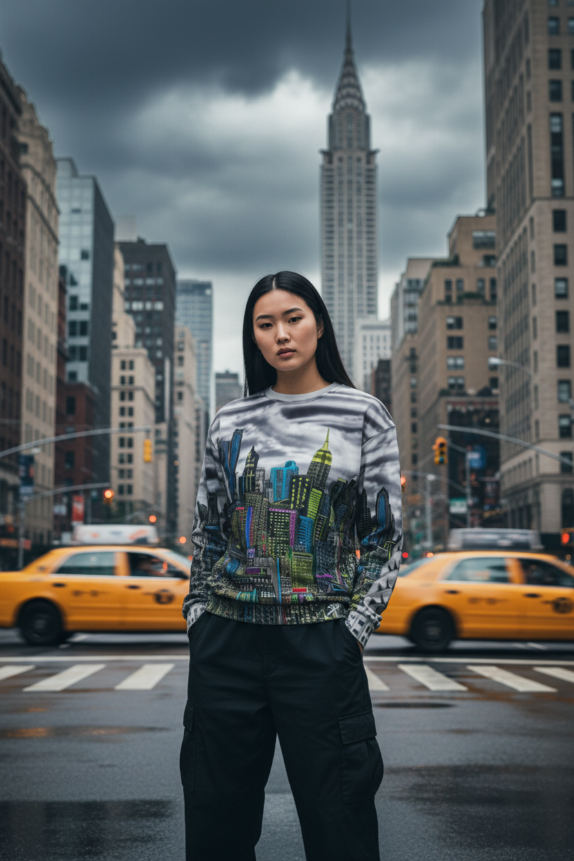 Person wearing a colorful sweater with cityscape Loria NYC Art design in an urban setting with yellow taxis and tall buildings.