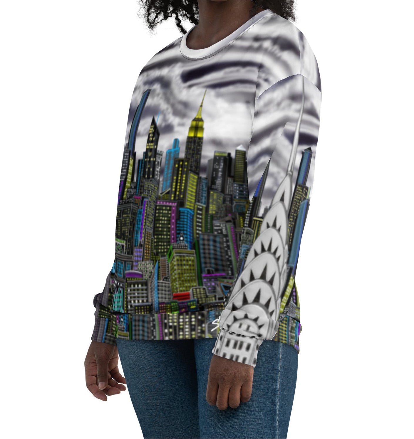 Woman posing in a  Sweatshirt designed by Loria NYC Art with a long-sleeve shirt with a cityscape design on a white background