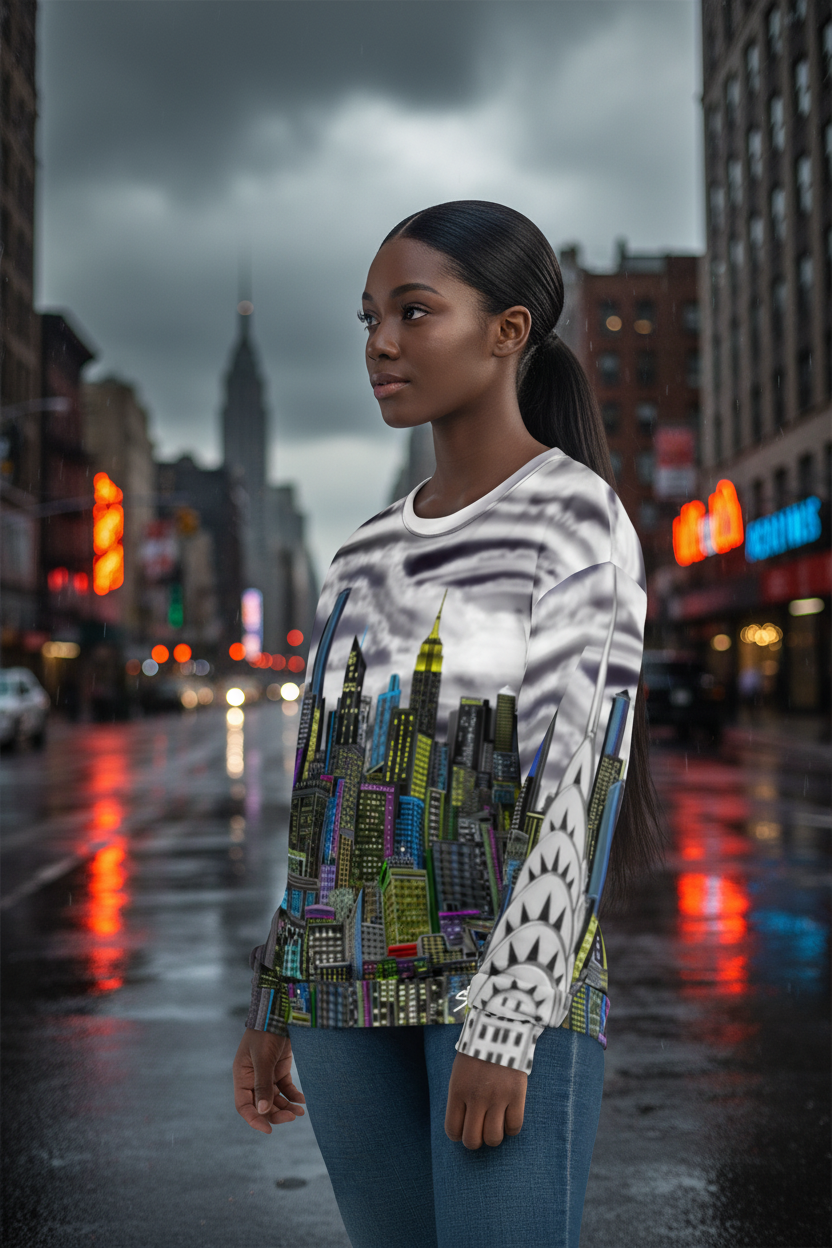 Woman wearing a Loria NYC Art hoodie standing on a city street with a rain-soaked pavement and a dark, cloudy sky.