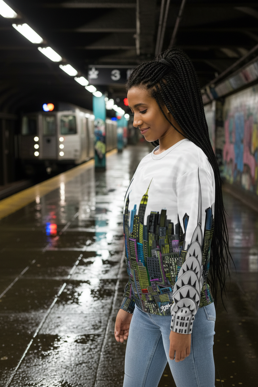 Woman wearing a colorful Loria NYC Art sweat shirt in a subway station with graffiti on the wall.