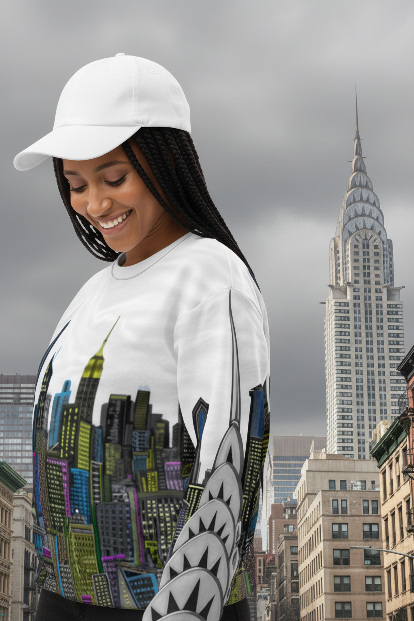 Woman wearing a sweatshirt with cityscape Loria NYC Art design in an urban setting with tall buildings.