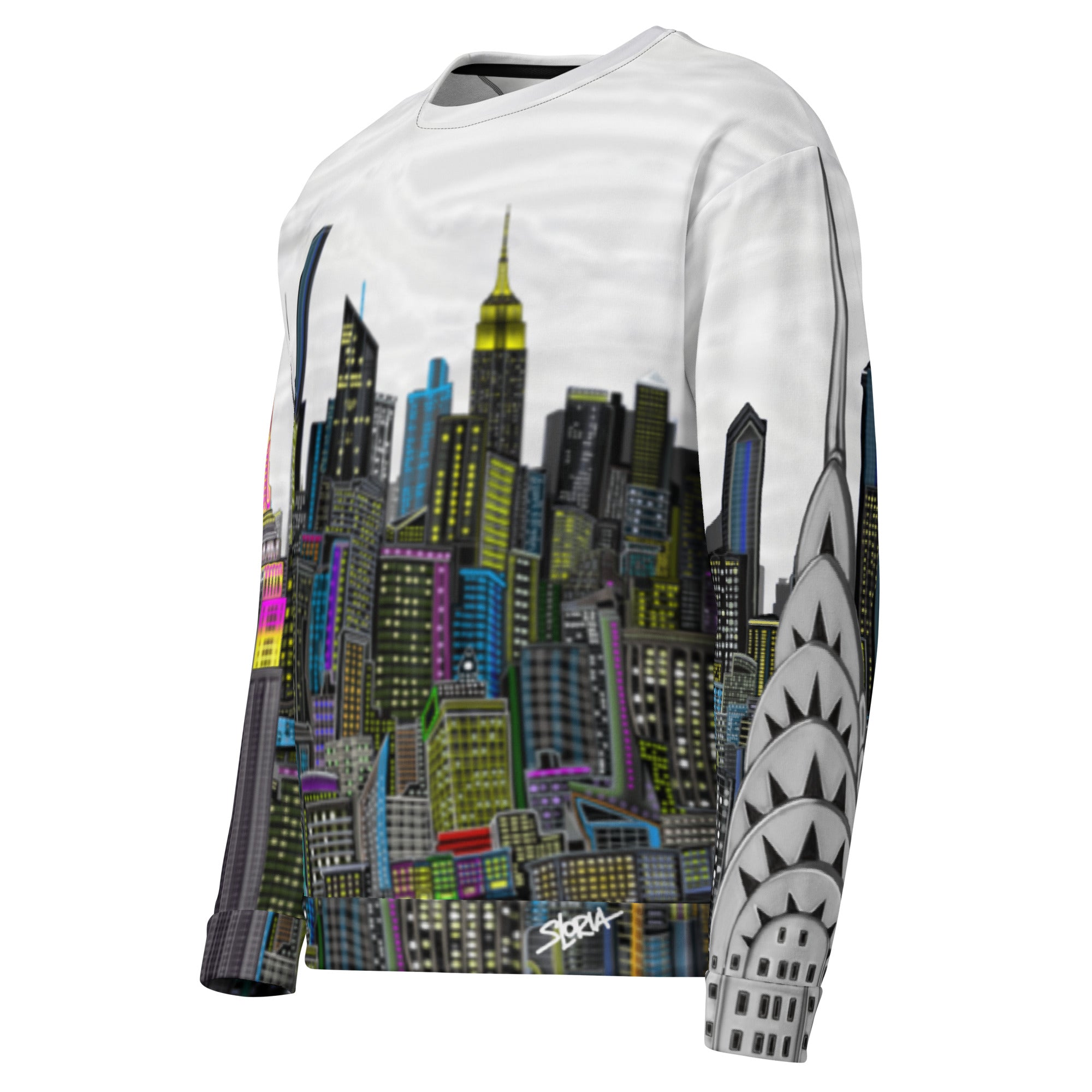 Sweatshirt with cityscape design by Loria NYC Art on a white background