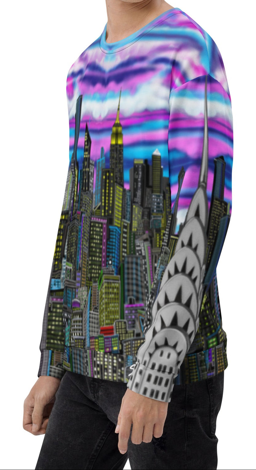 Side view of Man wearing a colorful sweat shirt design by Loria NYC Art with a cityscape design on a white background