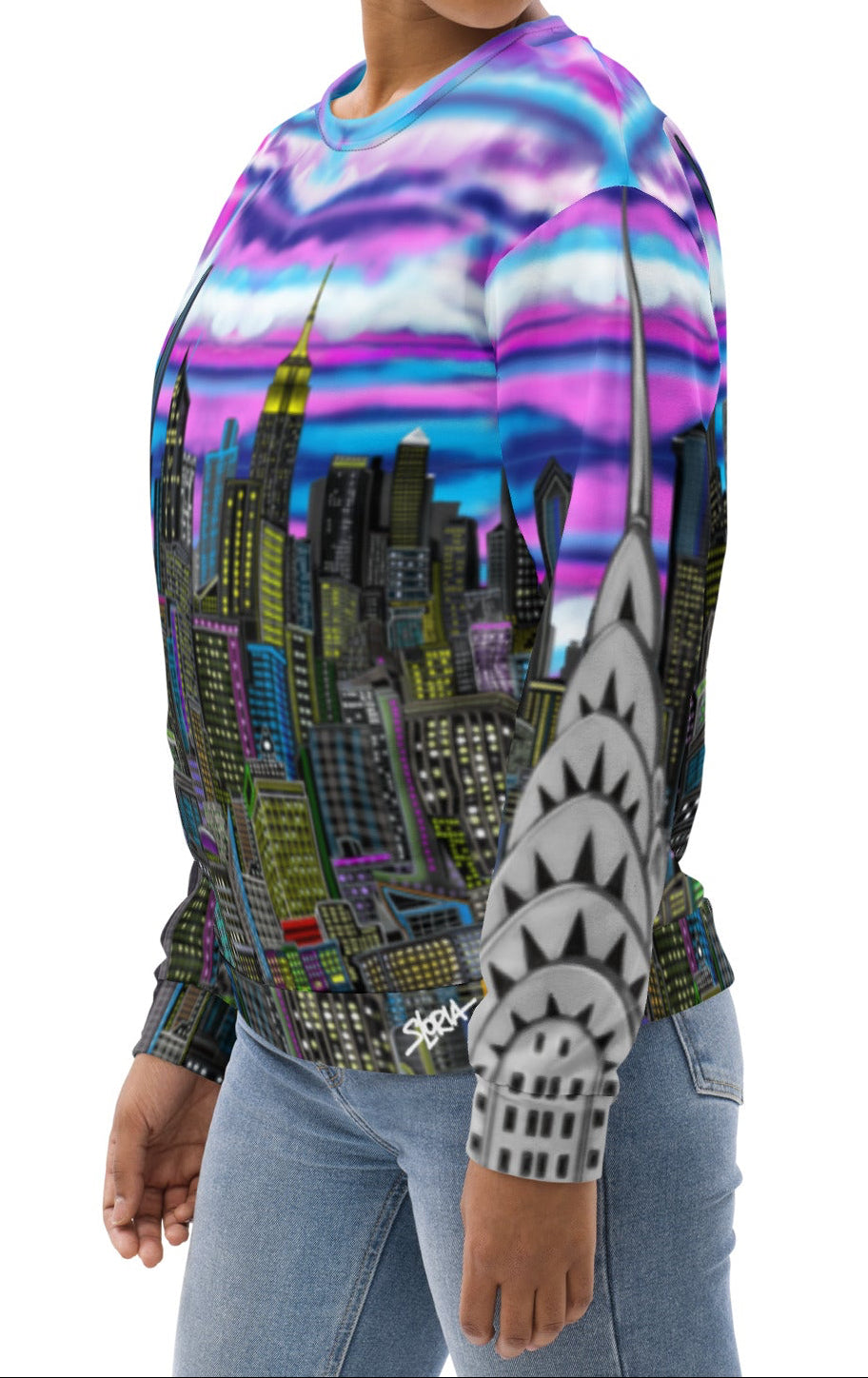 Side of Women wearing a colorful sweat shirt design by Loria NYC Art with a cityscape design on a white background