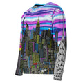 Colorful long-sleeve shirt with cityscape design by Loria NYC Art on a white background