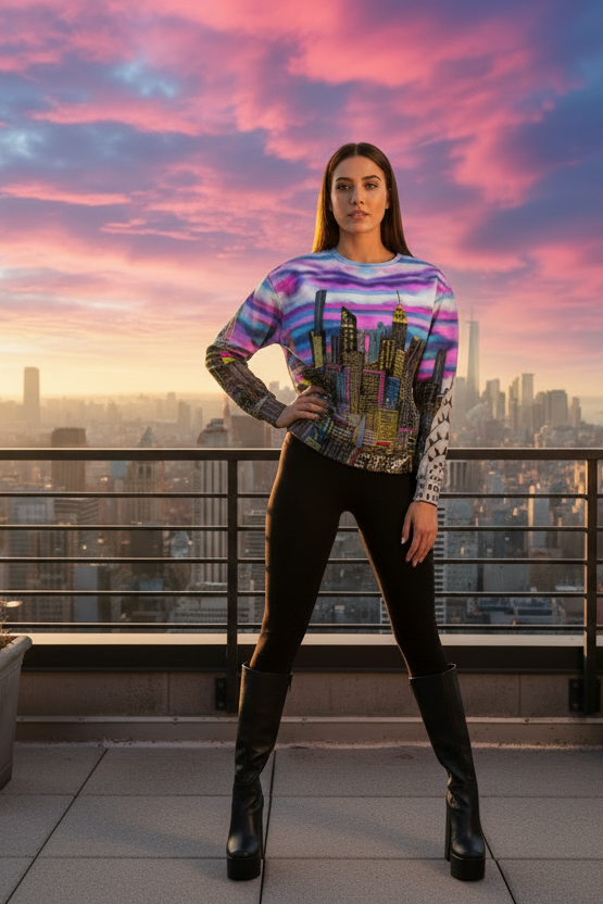 Woman posing on a rooftop with a Loria NYC Art city skyline shirt and colorful sky in the background