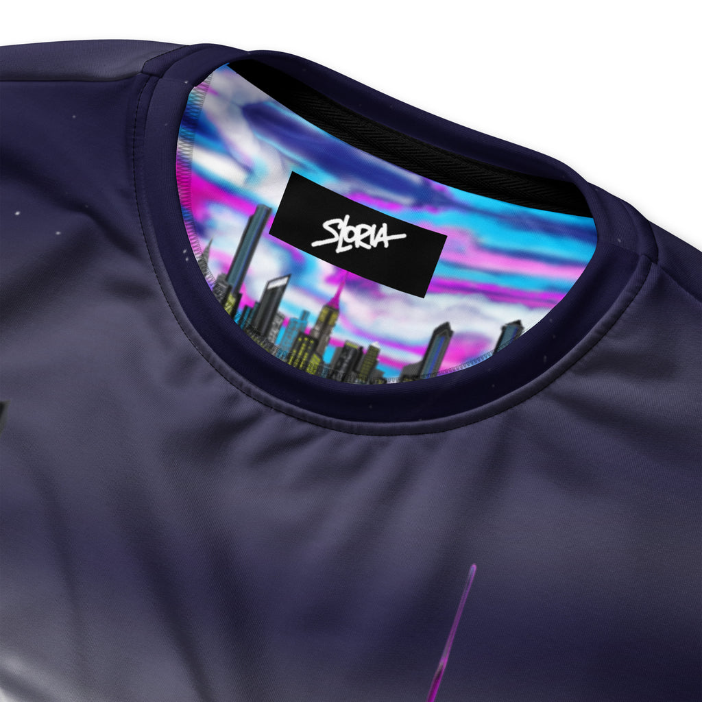 Close-up of a dark blue garment with a colorful cityscape print inside the collar and 'S.Loria' brand logo.