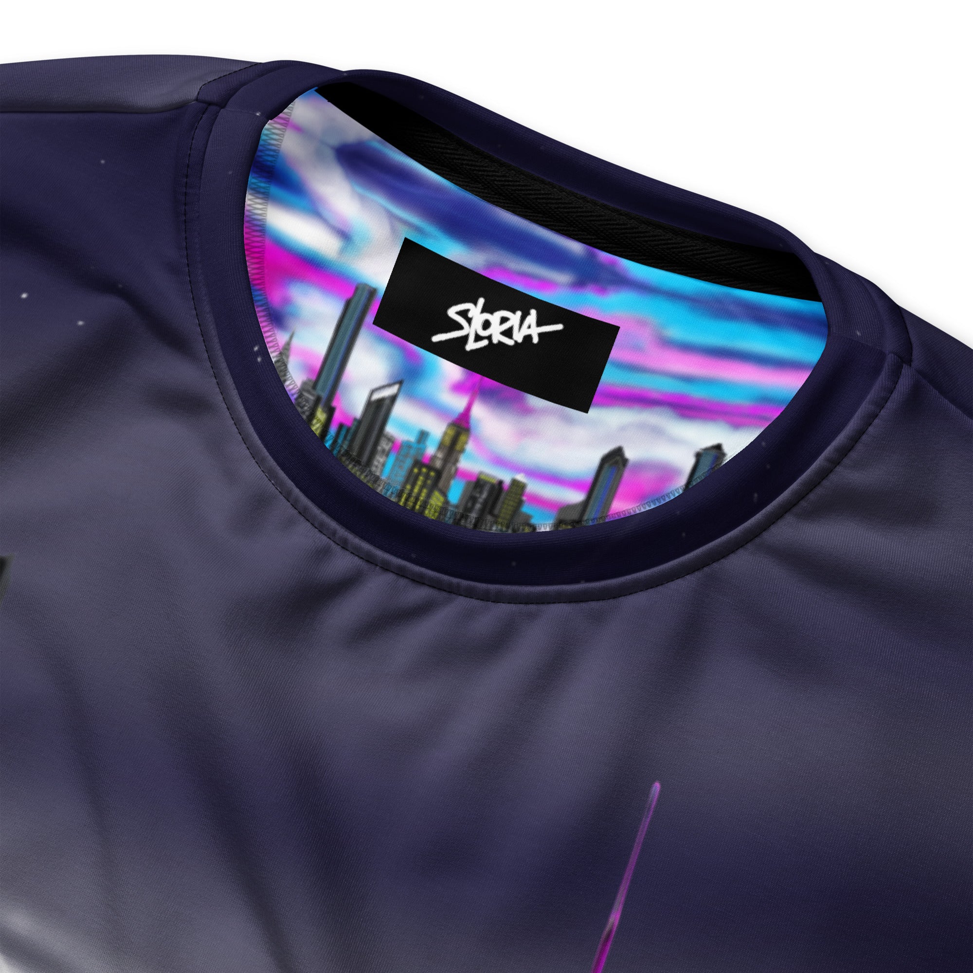 Close-up of a dark blue garment with a colorful cityscape print inside the collar and 'S.Loria' brand logo.
