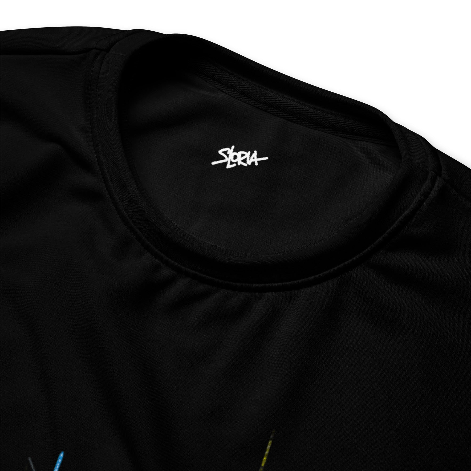 Black long-sleeve shirt with a brand logo S.Loria on the collar against a white background
