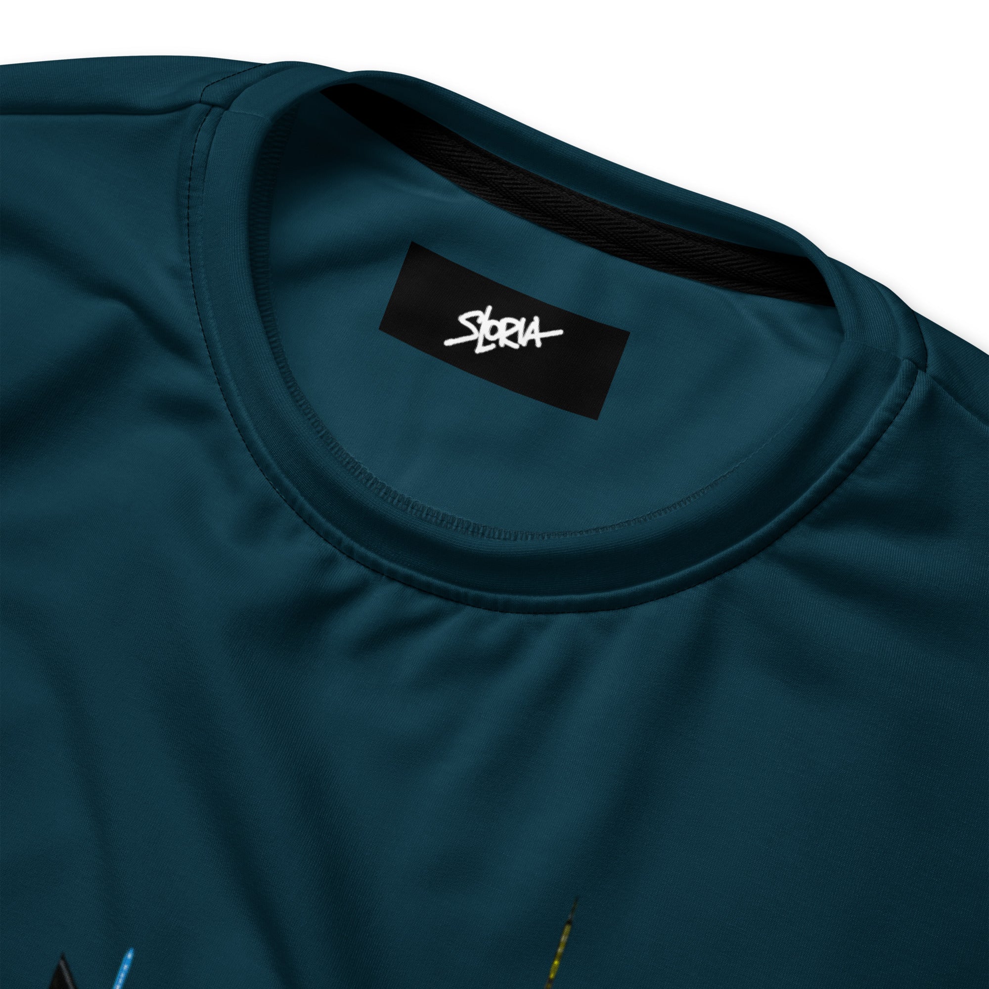 Close-up of a teal shirt with a brand S.Loria label on a white background