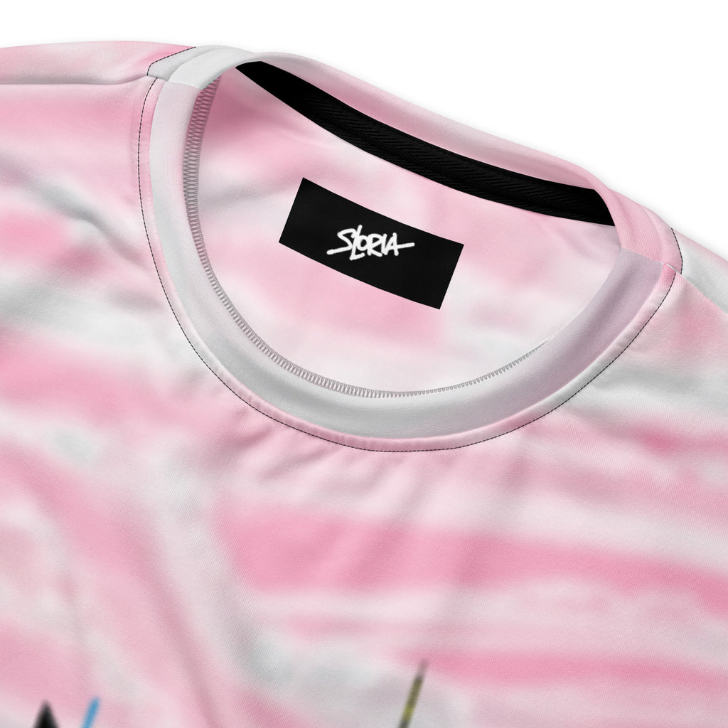 Pink and white tie-dye shirt with a Loria NYC Art black logo on a white background