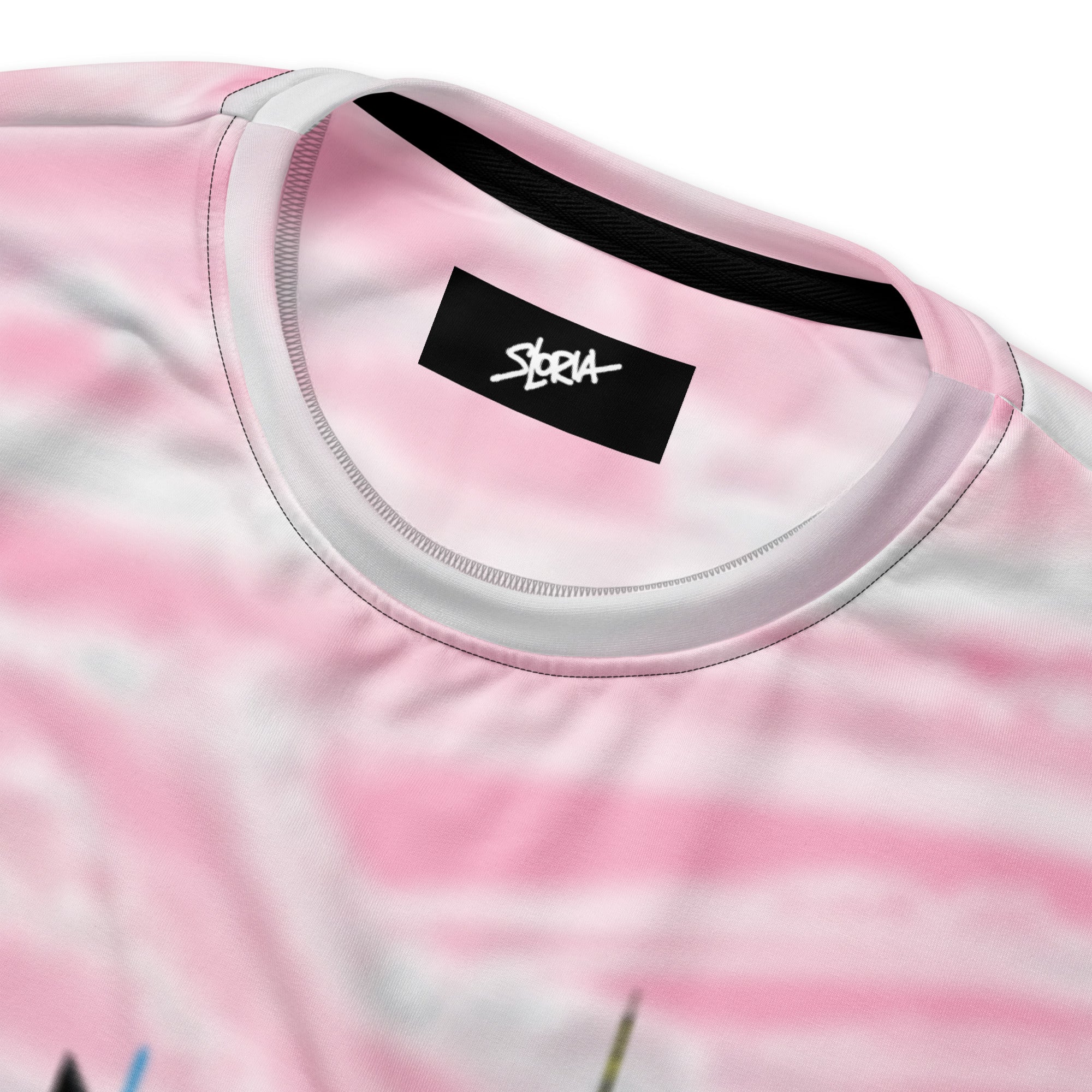 Pink and white tie-dye shirt with a Loria NYC Art black logo on a white background
