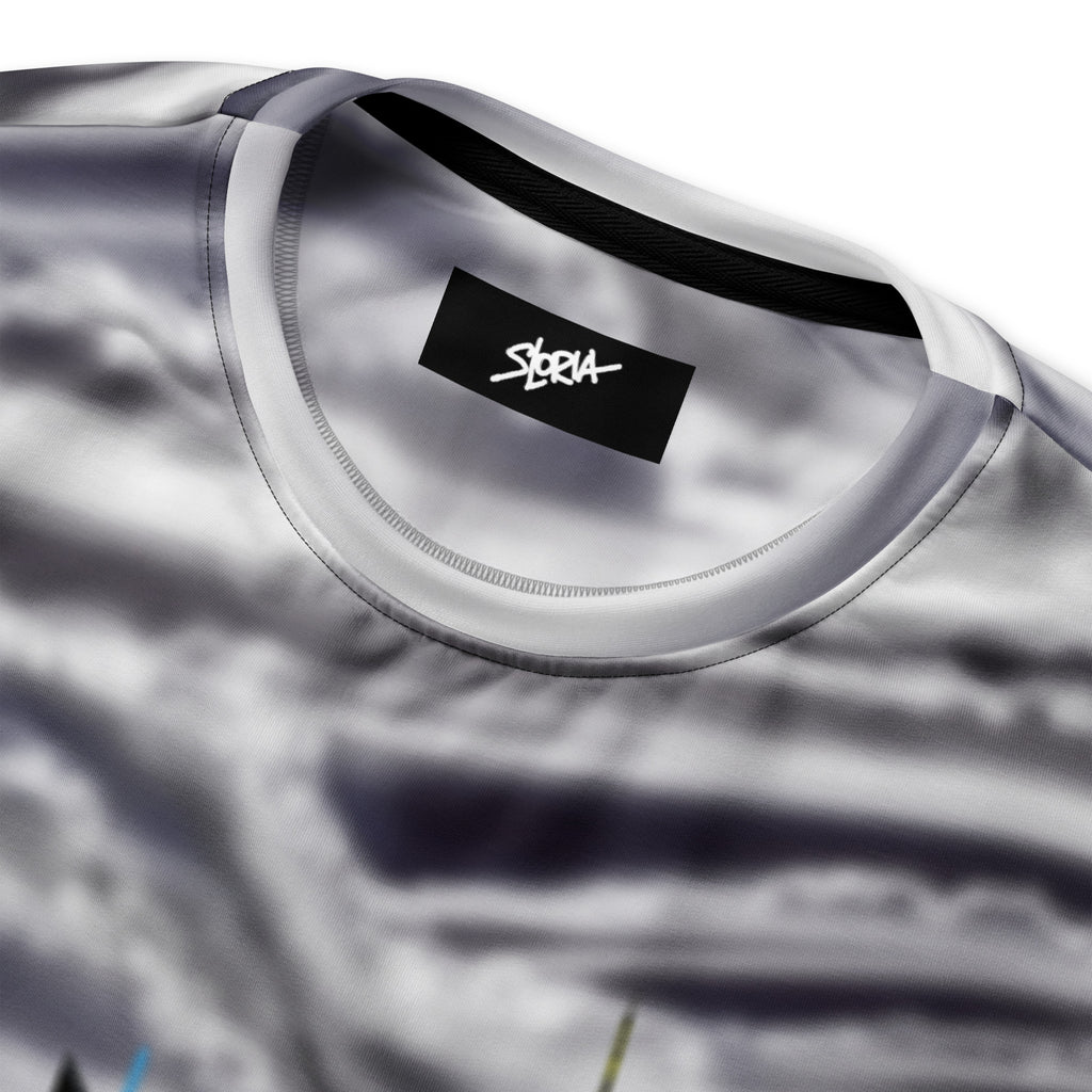 Close-up of a gray t-shirt with a brand logo S.Loria on the collar.