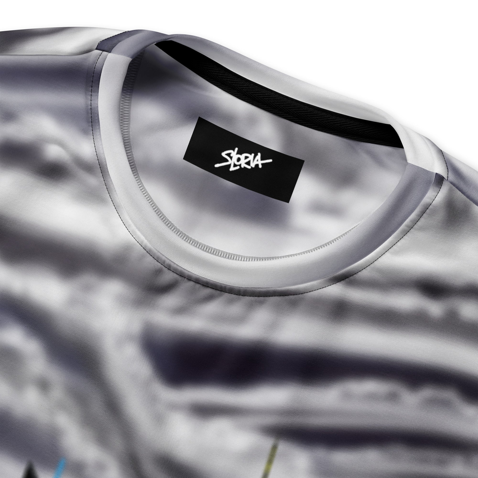 Close-up of a gray t-shirt with a brand logo S.Loria on the collar.