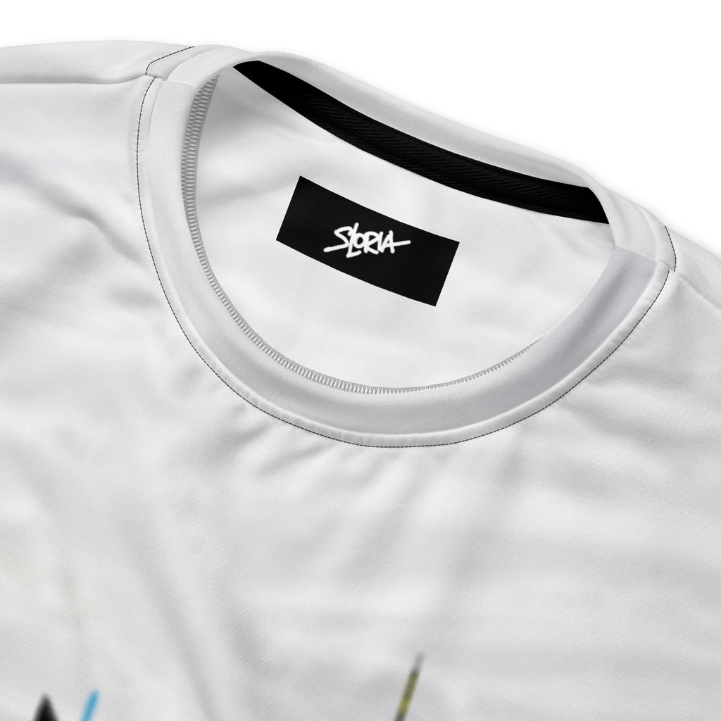 White t-shirt with a black label featuring 'S.LORIA' on a white background