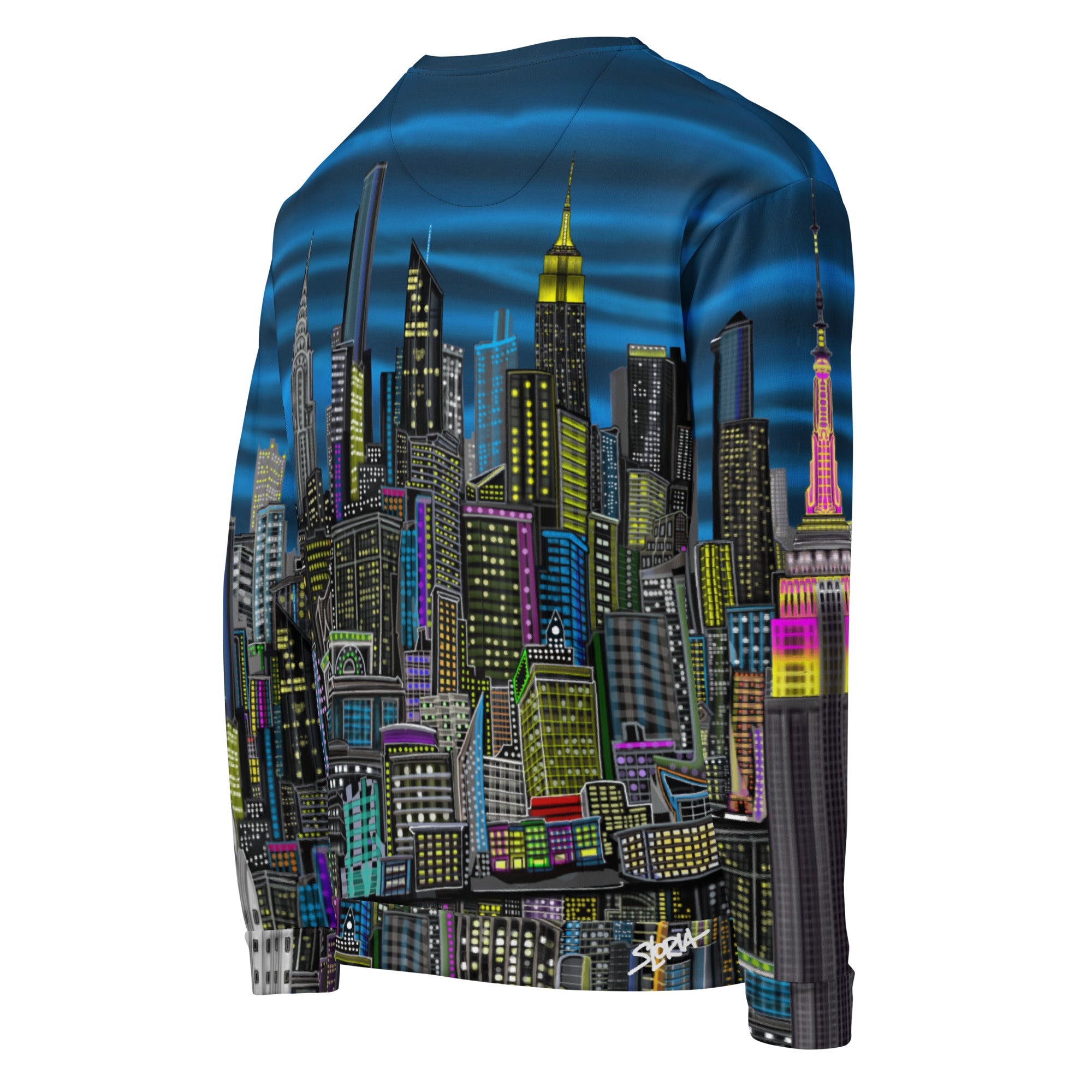 Back of Colorful cityscape sweatshirt designed by Loria NYC Art on a white backround