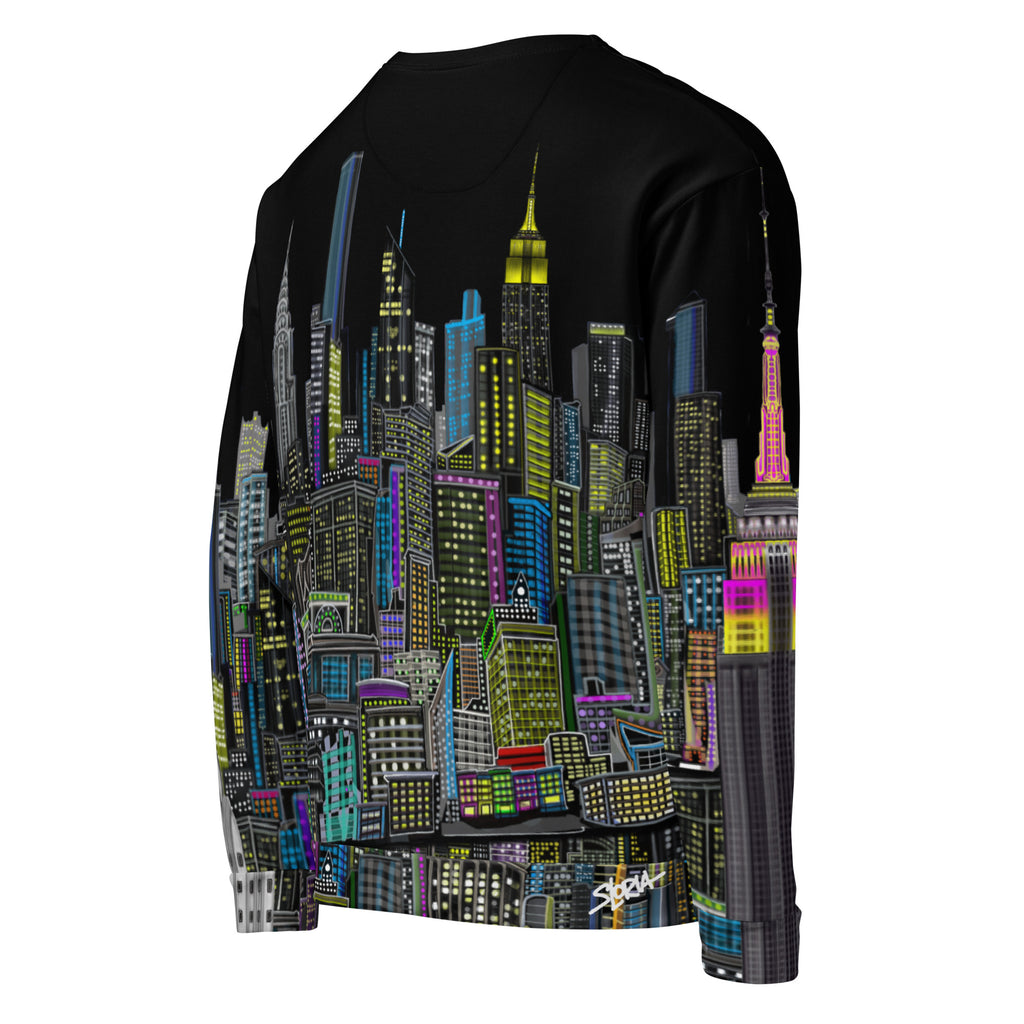 Backside of Black sweatshirt with colorful cityscape design by Loria NYC Art on a white background