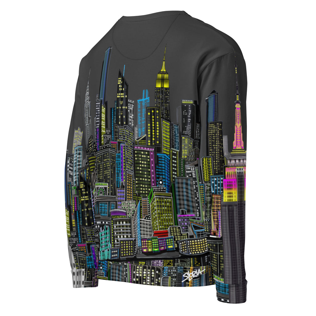 Back side angle of Sweatshirt with a charcoal grey sky colorful NY cityscape design by Loria NYC Art on a  white background