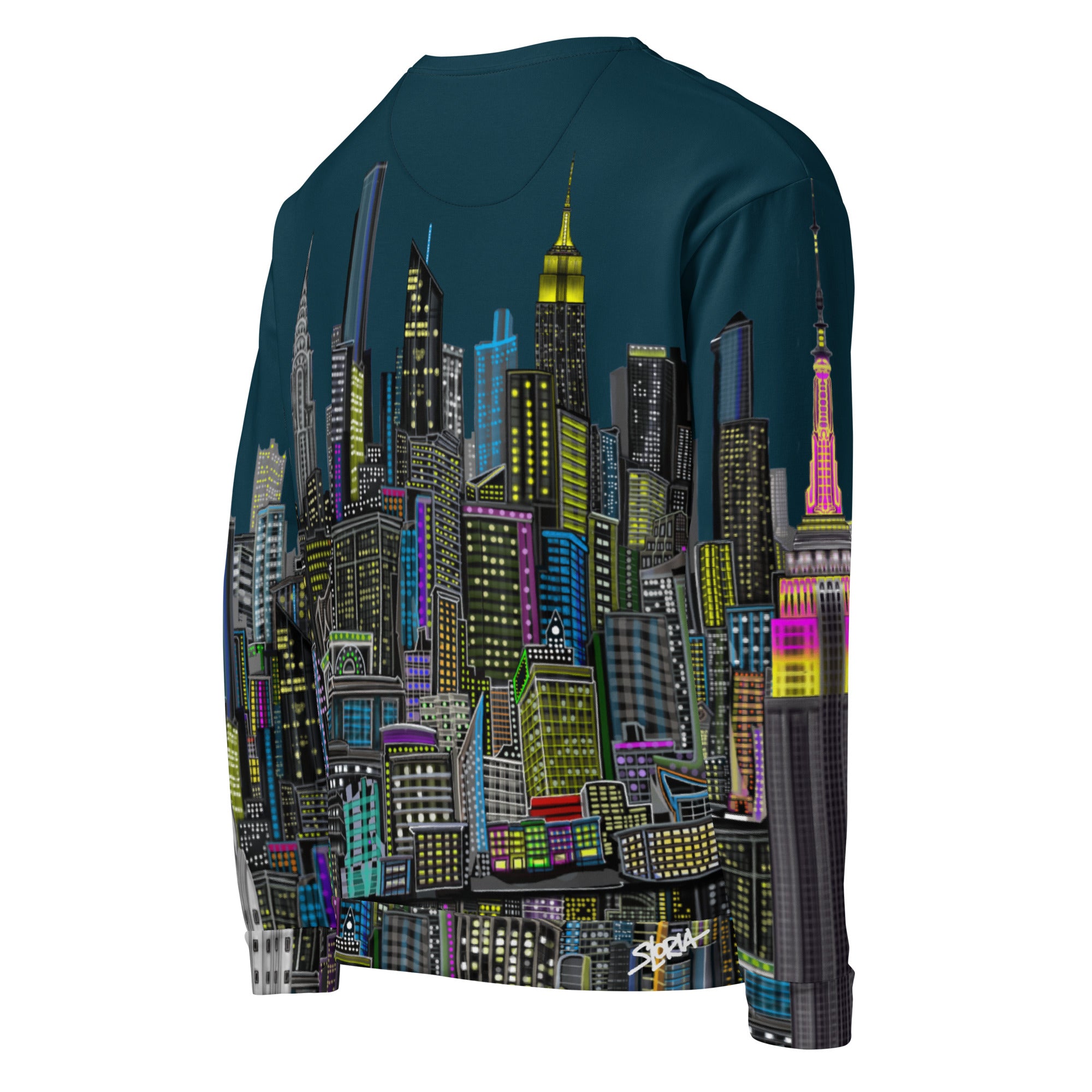 Back of Long-sleeve shirt with cityscape design by Loria NYC Art on a white background