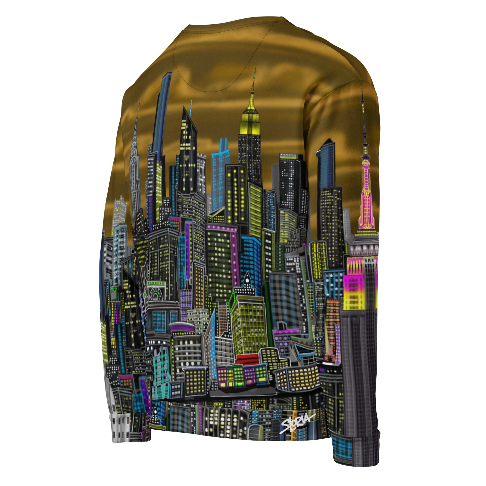 Side back view of Long-sleeve shirt with a colorful cityscape design by Loria NYC Art on a white background
