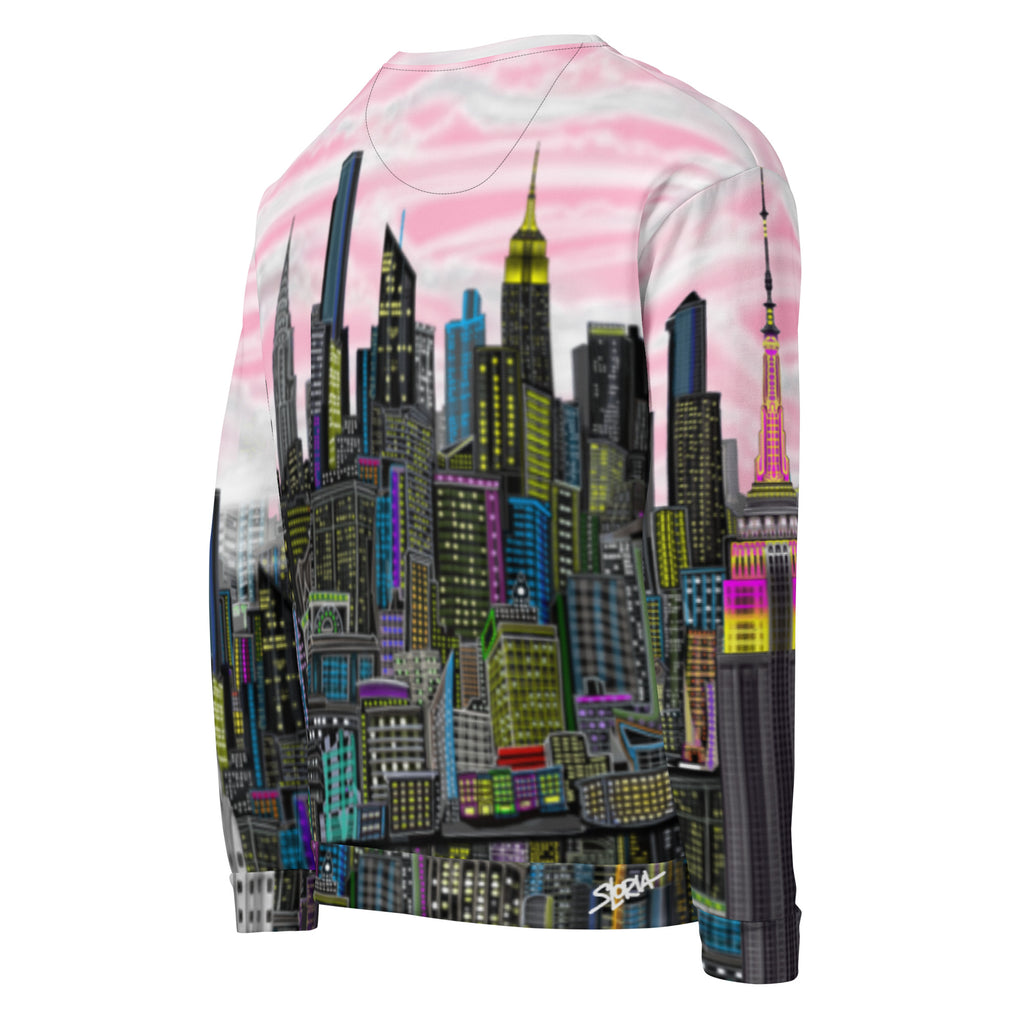 Side of Sweatshirt with a cityscape design by Loria NYC Art on a white background