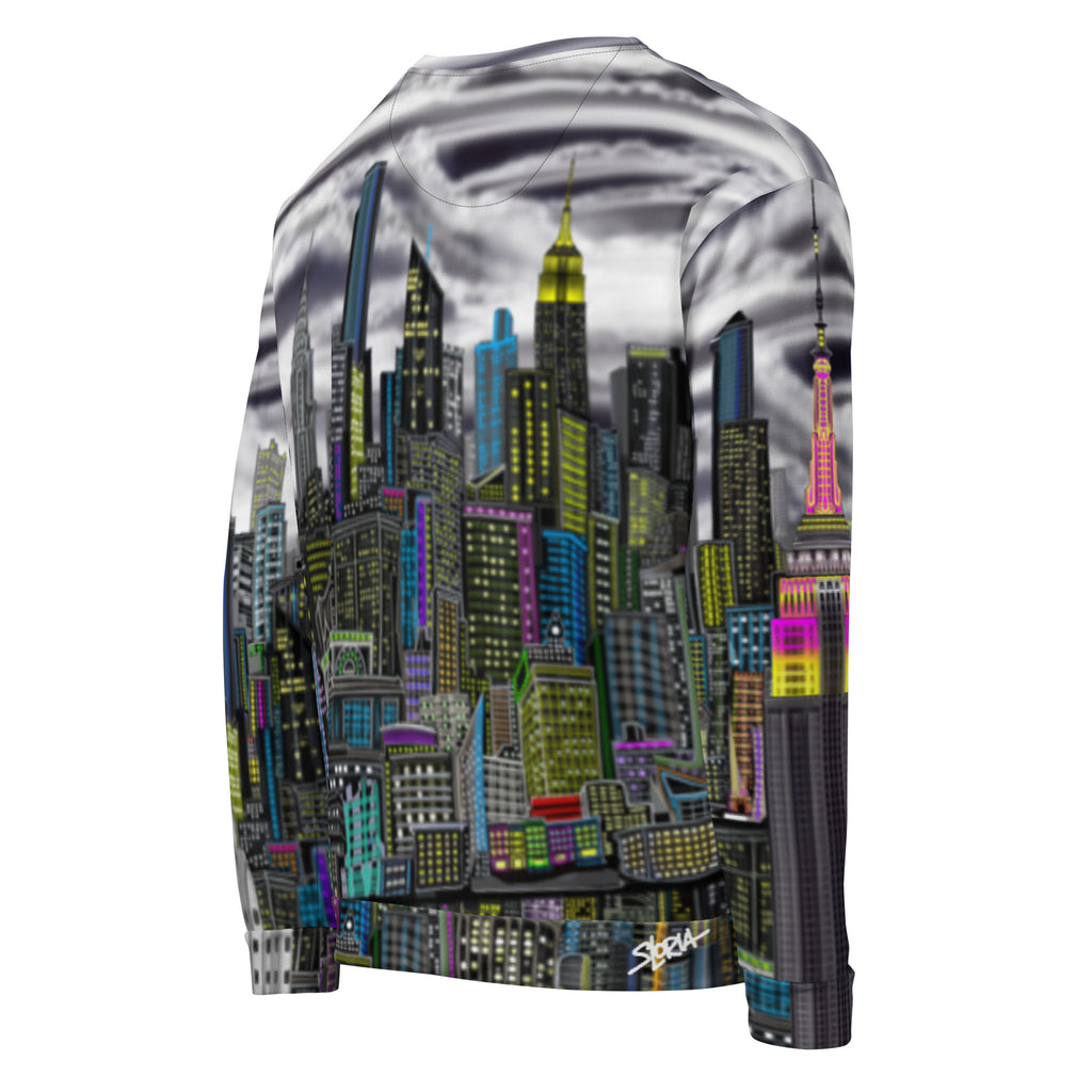 Back side of Sweatshirt designed by Loria NYC Art with a cityscape design on a white background