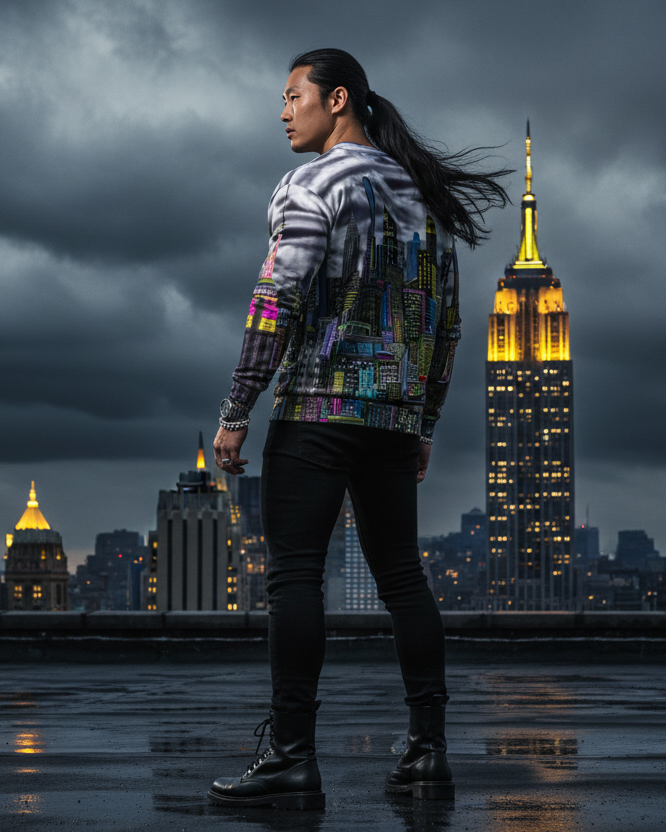 Person standing on a rooftop with a city skyline, including the Empire State Building, under a dark, cloudy sky.