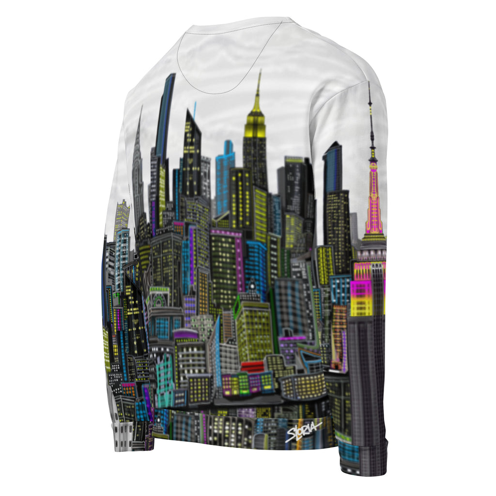 Sweatshirt with cityscape design by Loria NYC Art on a white background
