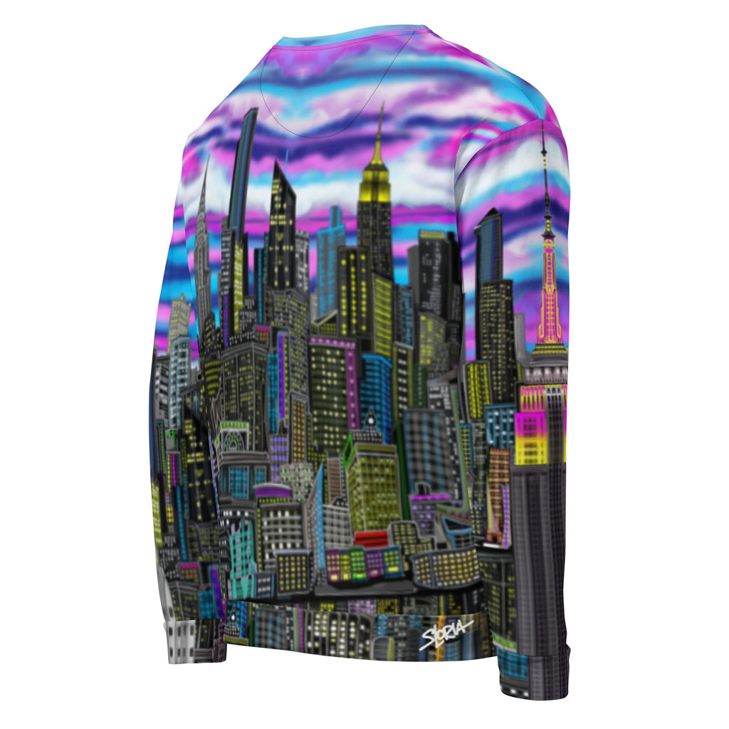 Colorful long-sleeve shirt with cityscape design by Loria NYC Art on a white background