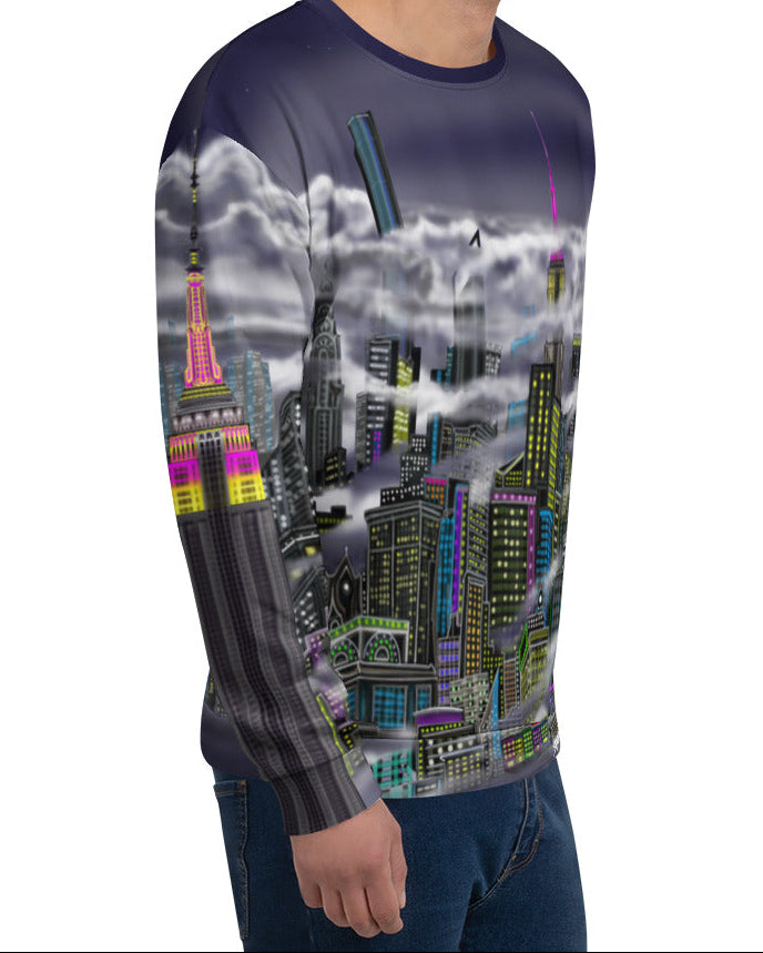 Person wearing a long-sleeve shirt with a cityscape Loria NYC Art design on a white background
