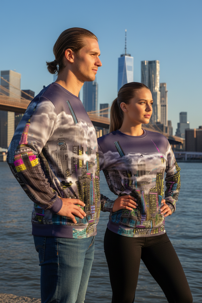 Two people posing in Loria NYC Art sweatshirts with a city skyline in the background on a sunny day.
